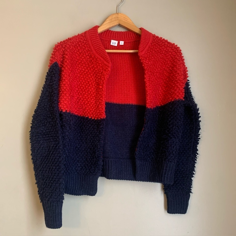 Gap Chunky Knit Red Navy Colorblock Cardigan Sweater Sz xs Popcorn Retro